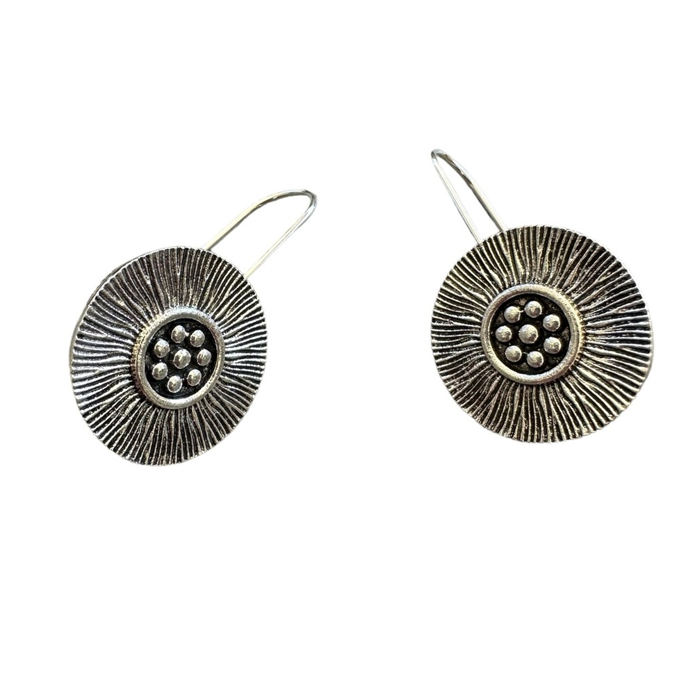 Boho Silver Button Flower Drop Style Earrings